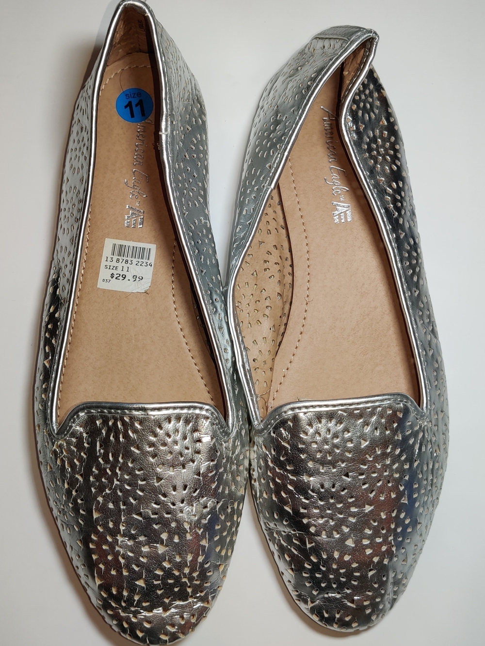 American Eagle Womens Size 11 Metallic Silver Laser Cut Loafers Flats Shoes NEW